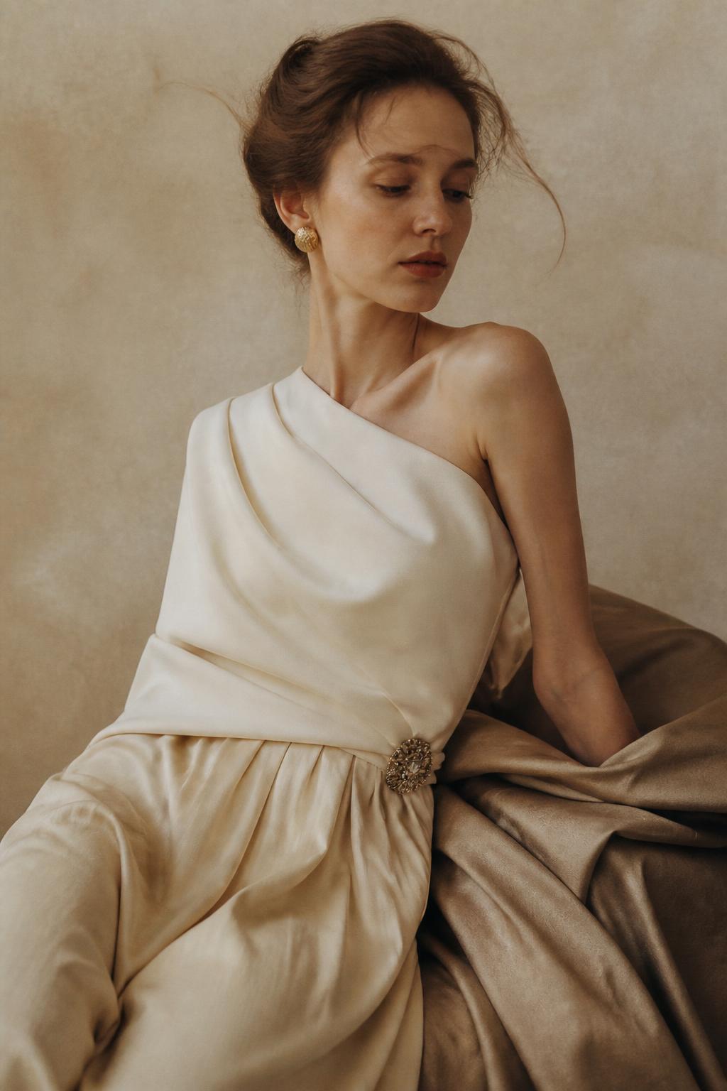 Editorial portrait of a model in draped vintage silk